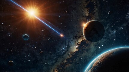 Obraz premium Cosmic Dance: A mesmerizing cosmic landscape unfolds, showcasing the vibrant hues of a distant star, its rays illuminating a celestial ballet of planets and celestial bodies.