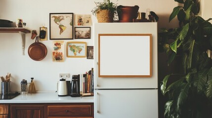 Obraz premium A refrigerator with global magnets from travels, centered around a clean, blank picture frame, symbolizing a world of memories yet to be filled.