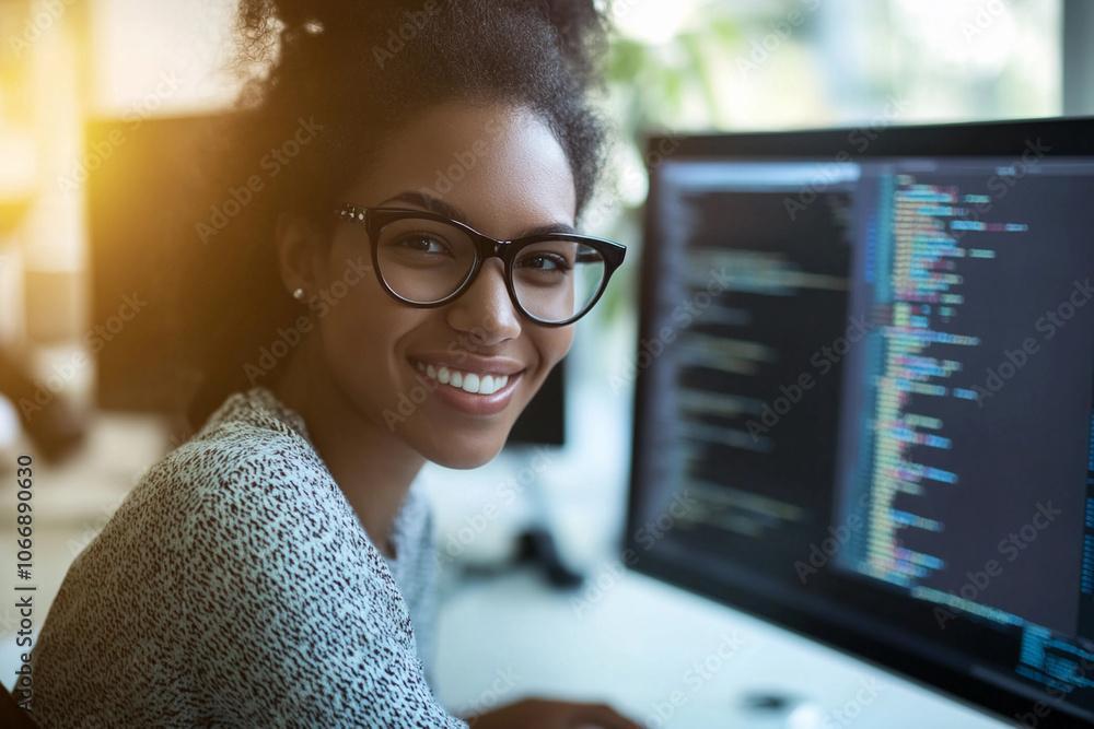Poster young woman coding at her desk with a computer monitor