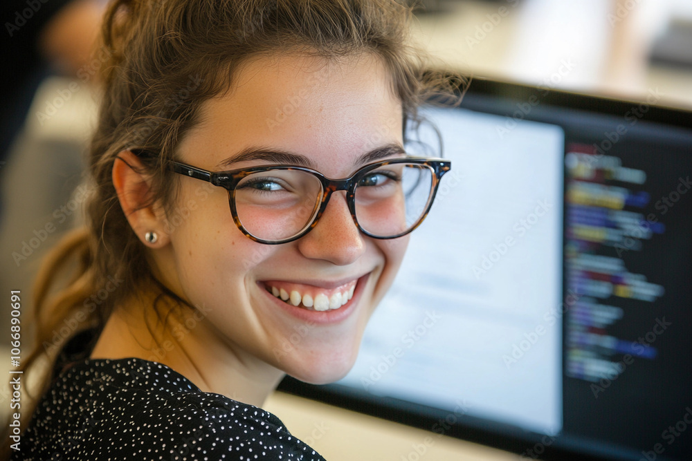 Wall mural young woman smiling while coding at a computer desk