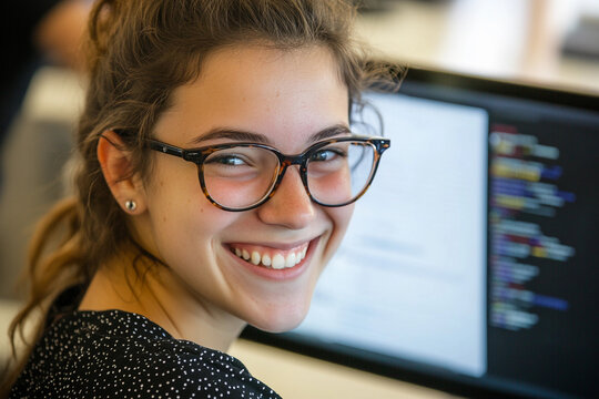 Young woman smiling while coding at a computer desk