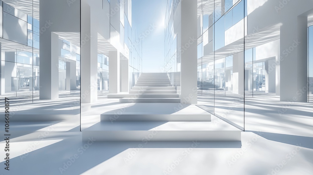 Poster a white grid labyrinth with mirrors reflecting light and casting intricate shadows, creating a moder