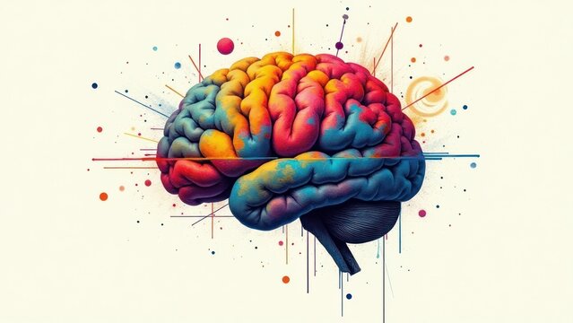 Colorful brain illustration with abstract geometry, capturing ADHD traits and dynamic cognitive processes.