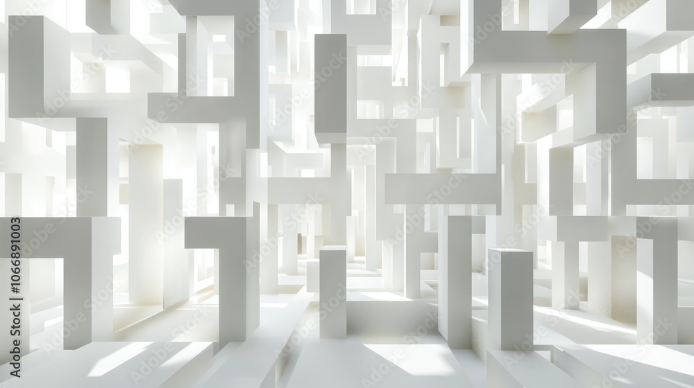 Poster a white labyrinth grid with mirrors reflecting light and shadows, creating a complex maze of reflect