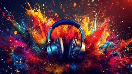 Headphones with Vibrant Color Splash Explosion on Black Background
