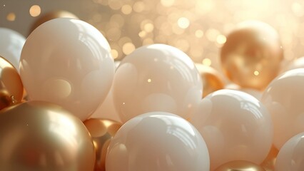 A cluster of white and gold balloons, arranged in a festive and celebratory manner. blurred bokeh lights background, Perfect for birthday invitations, anniversary cards or any special occasion.