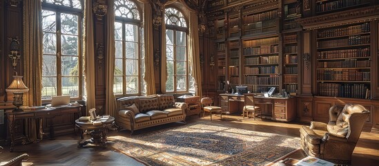Obraz premium A sunlit library with large windows, antique furniture and bookshelves filled with books.