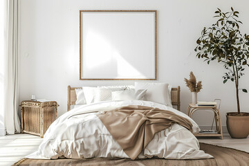 Stylish modern bedroom featuring a cozy bed with neutral tones, natural light, and a touch of greenery, creating a serene atmosphere.
