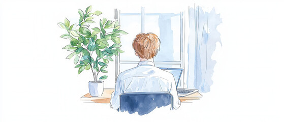 A person working at a desk by a window, surrounded by greenery, illustrating a peaceful and focused home office environment.