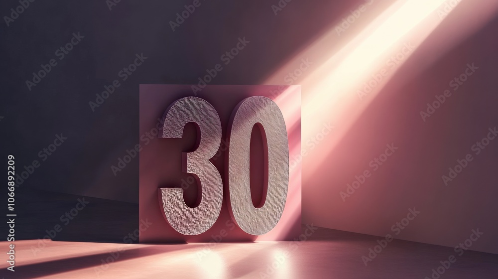 Poster the number 30 stands prominently on a simple background, illuminated by gentle lighting. the soft gl