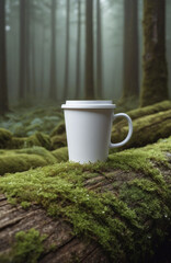 Nature-inspired coffee cup mockup in forest setting for eco-conscious cafe marketing.