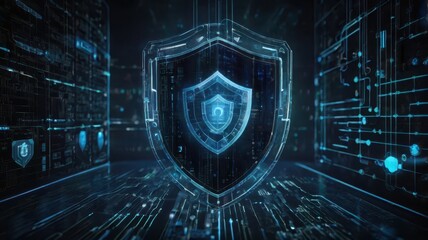 Cybersecurity concept with digital shield, data encryption, and futuristic cyber network visuals.