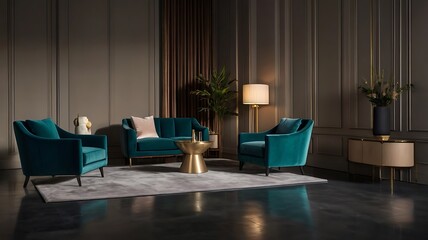 Minimalist lounge with a single dark teal velvet armchair against matte taupe walls, with a soft spotlight creating a rich contrast, suitable for  architectural firm's modern interior design showcase