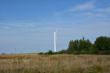 A single wind turbine stands in an open field under a clear blue sky, surrounded by tall grass and...