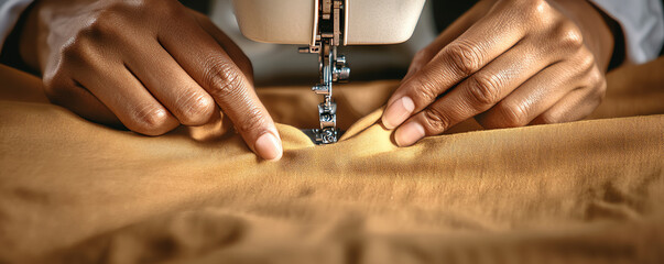 Close-up of hands guiding fabric through a sewing machine, detailed shot of stitching process, warm studio lighting for a craftsman atmosphere.