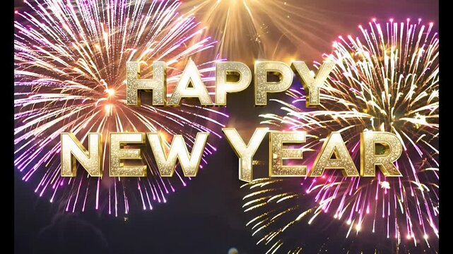 the inscription Happy ntw year made of gold volumetric letters on a background of a dark sky with fireworks, the concept of celebrating the new year 2025 and Christmas
