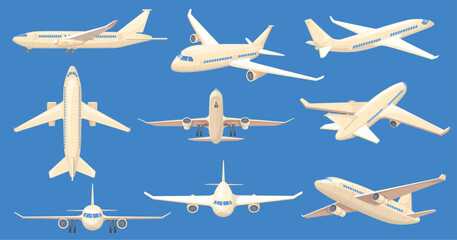 Airplanes different views. Passenger aircraft front side top view, flight commercial jet or cargo aviation civil airplane airliner wing turbine fuselage, neat vector illustration