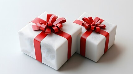 Obraz premium Two beautifully wrapped white gifts with red ribbons and bows.
