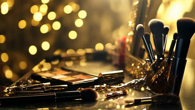 Makeup brushes and a palette are on a vanity table with soft lighting