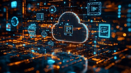 An abstract 3D illustration of a cloud computing network.