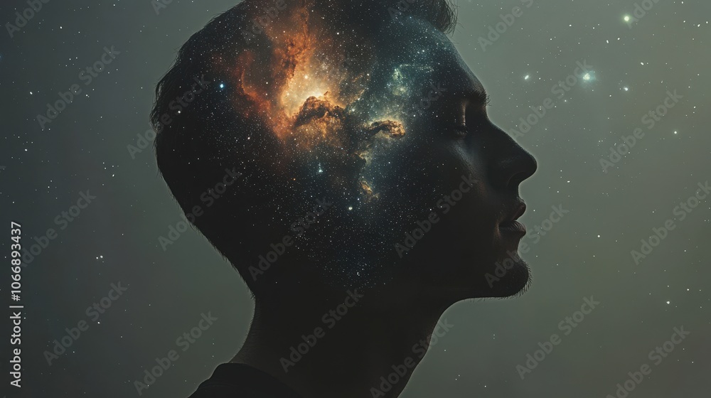 Poster the profile of a man is intricately merged with a stunning cosmic display, illustrating a deep conne