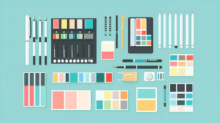 Flat lay of various art supplies including pens, pencils, paint palettes, brushes, and erasers on a blue background.