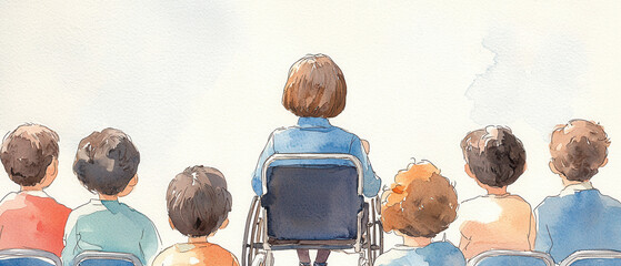 A group of children observes an adult in a wheelchair, emphasizing themes of inclusion, empathy, and compassion in a learning environment.
