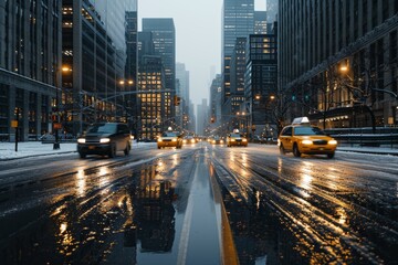 Naklejka premium Yellow taxis navigate snowy streets in City as evening lights reflect on wet pavement in winter