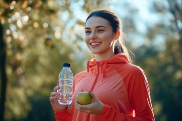 A fit woman outdoors in stylish athletic wear, holding a water bottle, representing a commitment to fitness and hydration