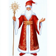 Santa Claus in a festive red robe, standing with a staff and welcoming gestures, surrounded by a winter-themed background
