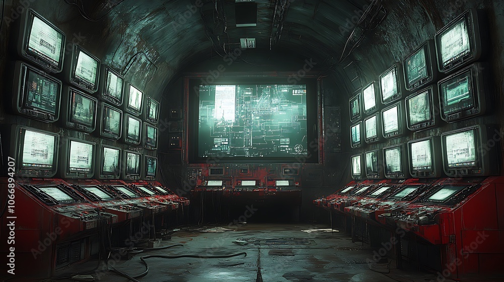 Poster an abandoned and decaying underground control room with multiple screens displaying a city map.