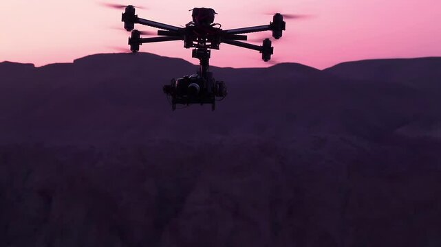 Unmanned Spy. Powerful quadrocopter curled over the canyon at sunset. Slow Motion