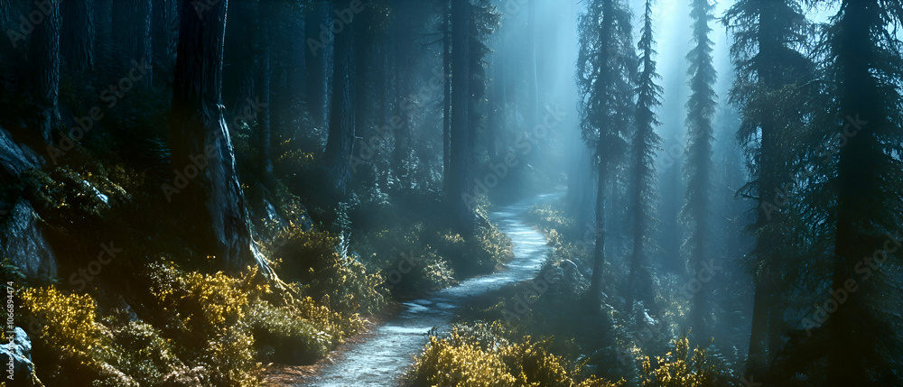 Poster mystical forest path with sunlight filtering through the trees and fog.