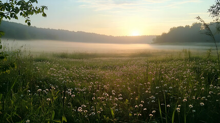 Misty sunrise over a field of wildflowers.