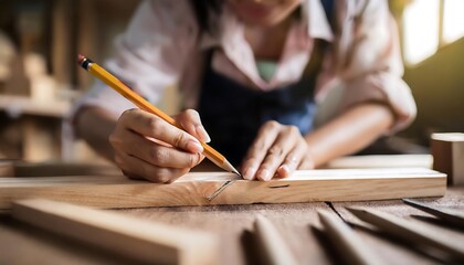 Obraz premium Carpenter hand with pencil and drawing on wooden stick. Focus on tools.