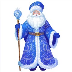 A festive figure in blue attire holding a staff, embodying holiday spirit and winter magic while spreading joy and cheer