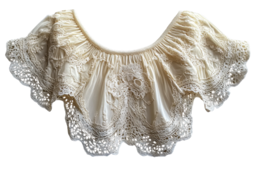 A beautifully crafted cream blouse features ruffled sleeves and intricate lace detailing
