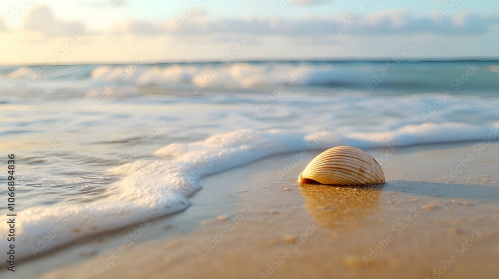 Poster seashell on the beach with waves crashing in the background.