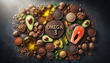 An assortment of Omega-3 rich foods including avocado, salmon, and nuts, emphasizing health benefits