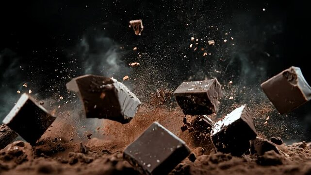 Rich chocolate chunks explode in mid-air, surrounded by clouds of cocoa powder, creating a dynamic, indulgent scene with intense texture and depth