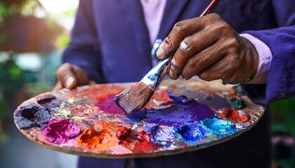 Fototapeta premium Close-up of artist hand with brush and palette for painting.