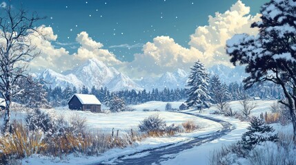 Panoramic winter scene with snowy fields, providing ample space for holiday text overlays.