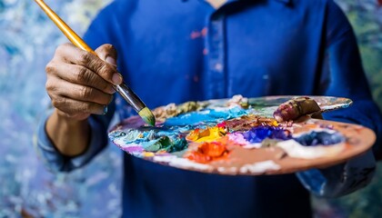 Obraz premium Close-up of artist hand with brush and palette for painting.