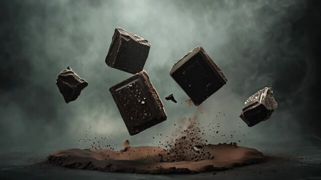Dark chocolate chunks float amidst a cloud of cocoa dust, creating a rich, indulgent scene with deep textures and a sense of luxury in slow-motion