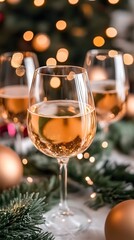 Elegant glasses of sparkling wine with festive decor, creating a joyful holiday atmosphere.
