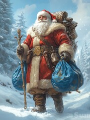 Obraz premium A joyful figure dressed in red and white walks through a snowy forest carrying presents on a bright winter day