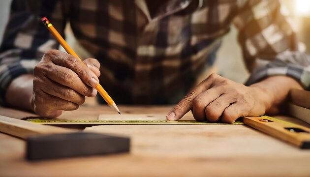 Close-up of carpenter hand holding pencil and using paper scale