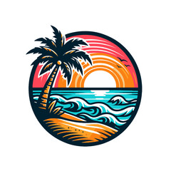 Obraz premium Palm beach cartoon vacation emblem. Isolated vector label illustration