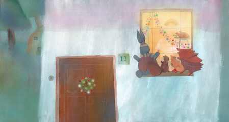 illustration in watercolor, crayons and collage of animals looking into the window 