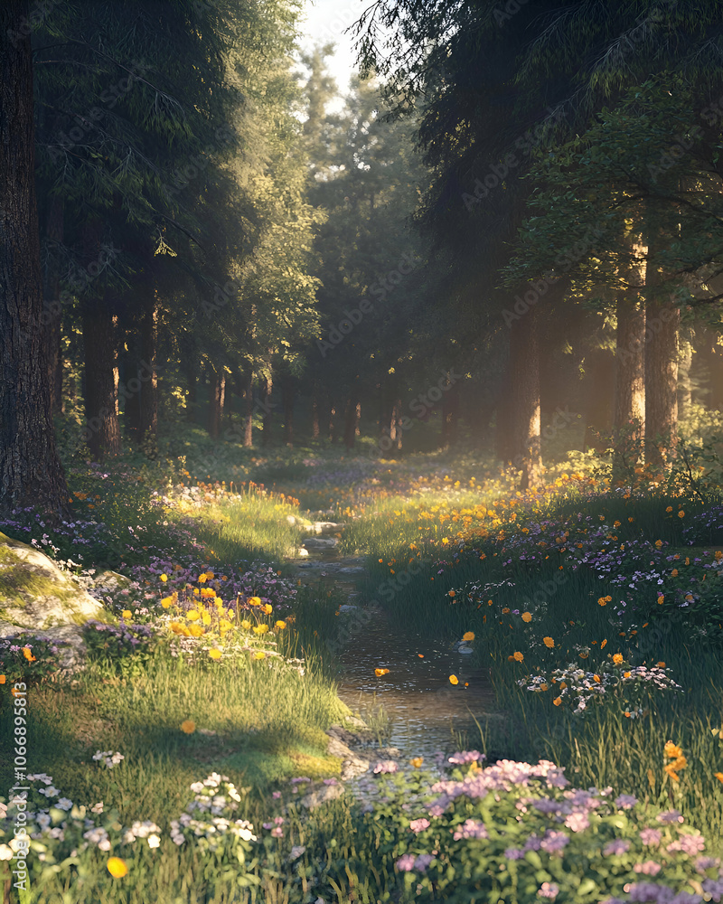 Poster sunbeams illuminate a lush forest path with wildflowers and a stream.